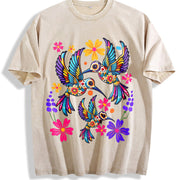 Short-sleeve with a Mexican and Bohemian Vintage Washed T-Shirt in Beige