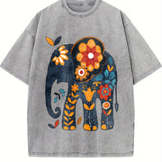 Bohemian Elephant with Vibrant Elephant & Floral Vintage Washed T-Shirt in Gray