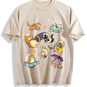 Humor Galaxy- Cat Astronaut Cats in Space Vintage Washed T-Shirt in Beige