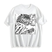 Cat Bite Japanese Horror Anime Cotton T-Shirt in White