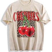 Fun Hip-Hop Leopard Cherry Letters Personalized Street vintage washed oversized T-shirt in Beige
