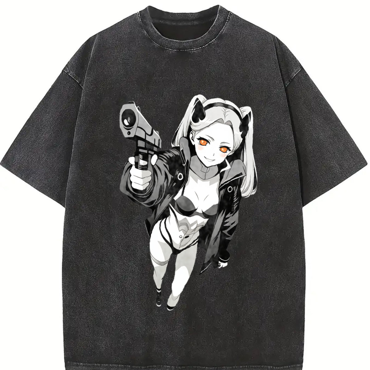 Lucy × David - Cyberpunk Anime for Anime Fans and Lovers vintage washed oversized T-shirt in Black