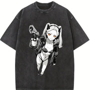 Lucy × David - Cyberpunk Anime for Anime Fans and Lovers vintage washed oversized T-shirt in Black