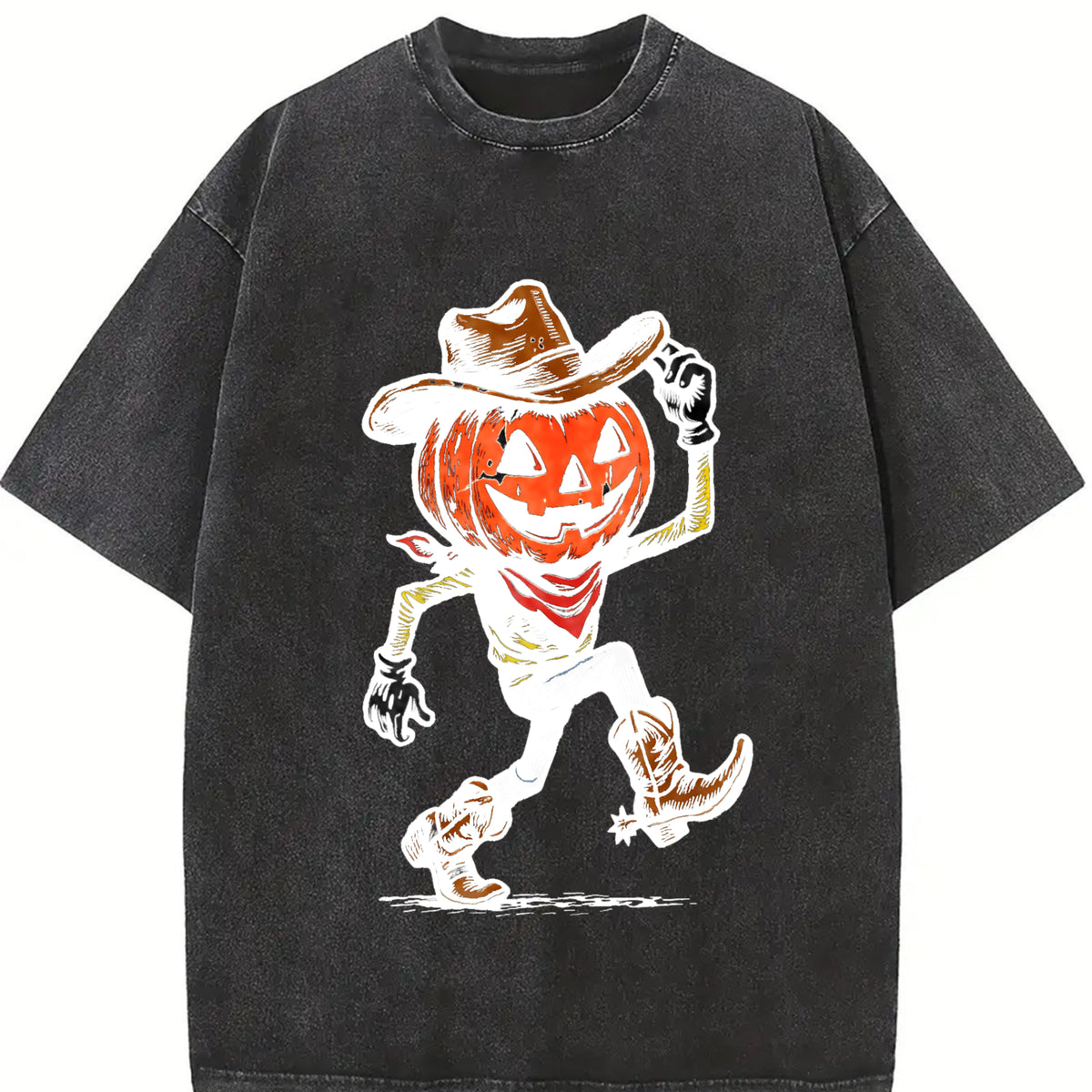 Pumpkin Cowboy Halloween Western Vintage Washed T-Shirt in Black
