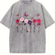 Round-neck Short-sleeve with Pink Floral and Letter Vintage Washed T-Shirt in Gray