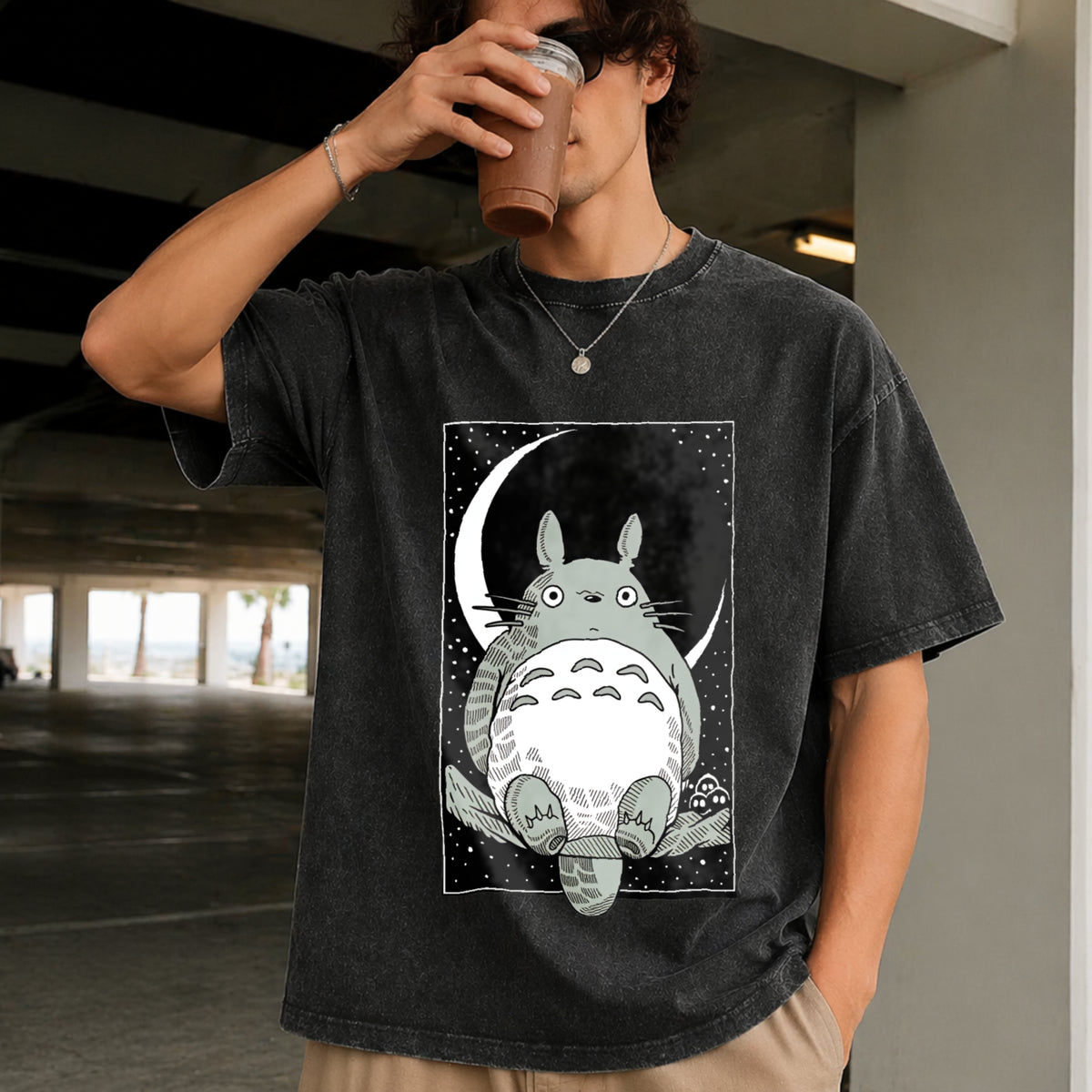Forest Spirit Adventure Anime Vintage Washed T-Shirt in Black
