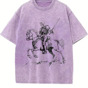 Retro Skeleton Riding Horse 90s Vintage Washed T-Shirt in Purple