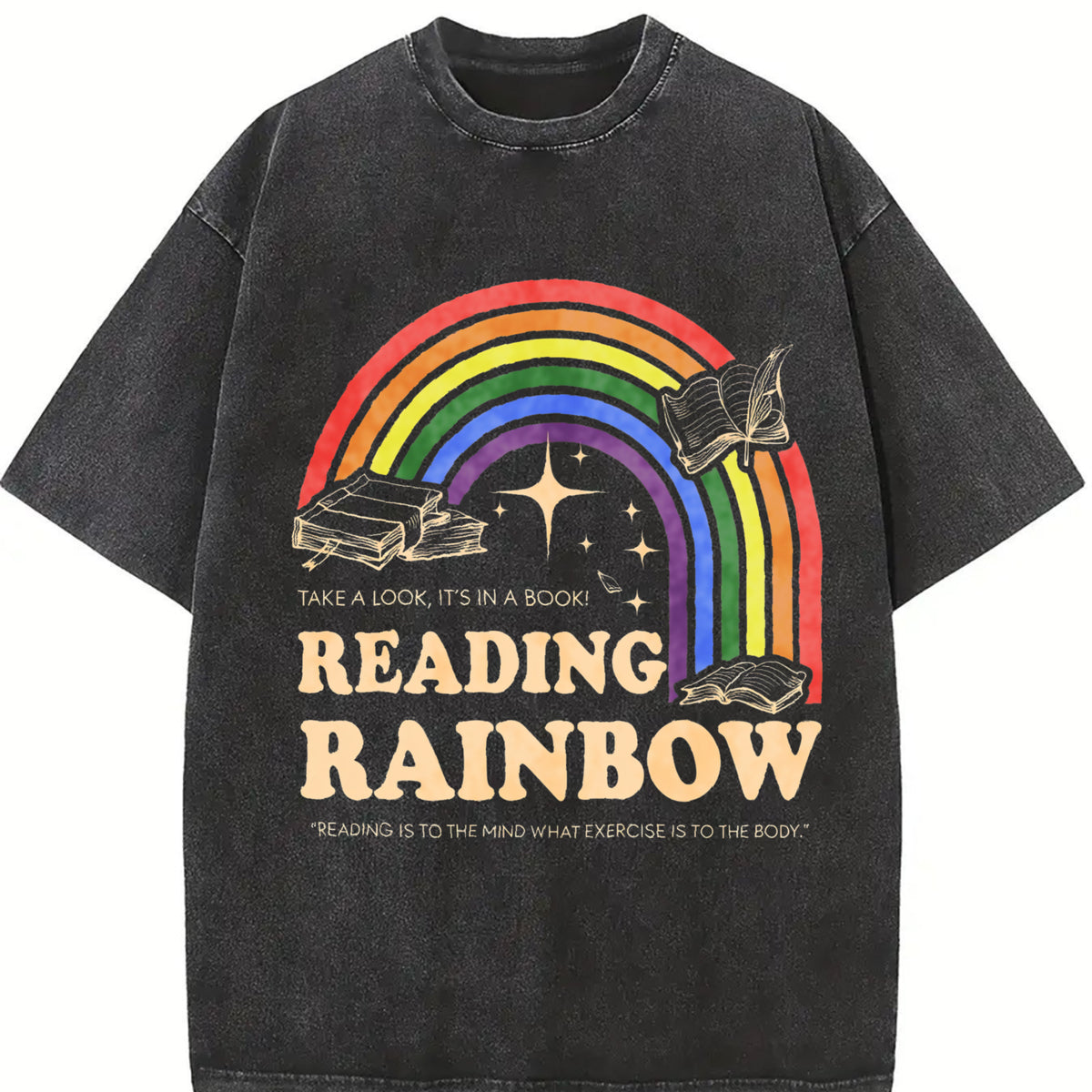 Reading Rainbow Retro Librarian Vintage Washed T-Shirt in Black