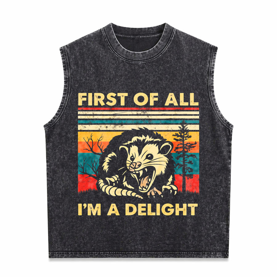 First of All I'm a Delight Sarcastic Angry Opossum Possum Vintage Washed Tank Top in Black
