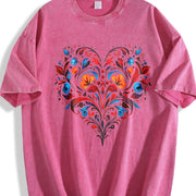 Bohemian Folk Art Heart & Leaf Vintage Washed T-Shirt in Red