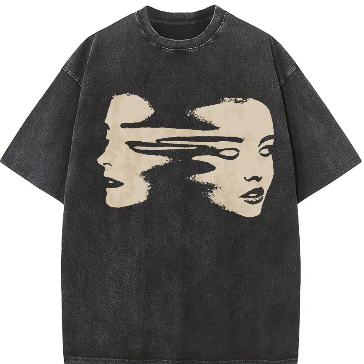 Abstract Face Shoulder Sleeve Thick Extra Large Distressed Vintage Washed T-Shirt in Black