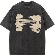 Abstract Face Shoulder Sleeve Thick Extra Large Distressed Vintage Washed T-Shirt in Black