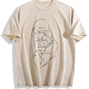Mother and Child Line Art Vintage Washed T-Shirt in Beige