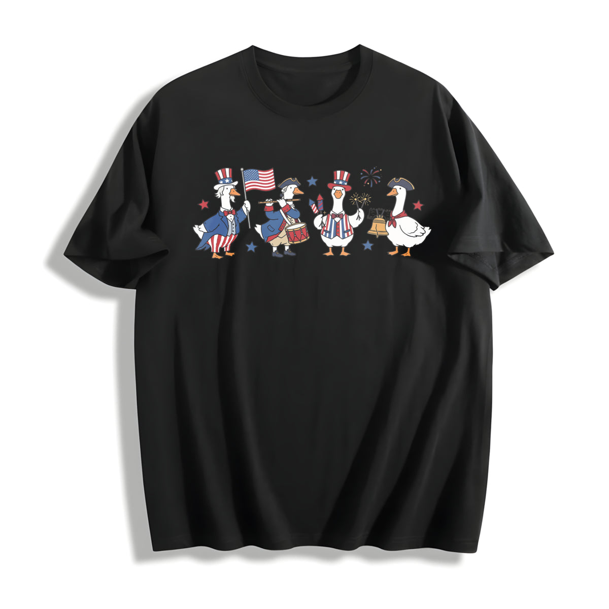 Patriotic Goose July 4th Cotton T-Shirt in Black