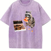 Raccoon Eating Pizza 90s Vintage Washed T-Shirt in Purple
