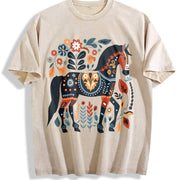 Bohemian Floral Horse One-piece Vintage Washed T-Shirt in Beige