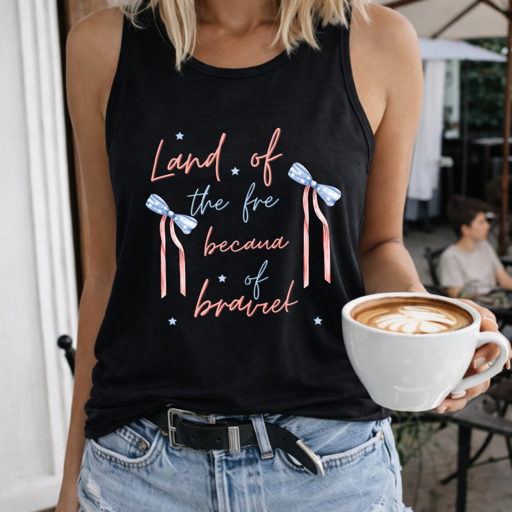 Land of the Free Because of the Brave Women's Color Cotton Tank Top in Black