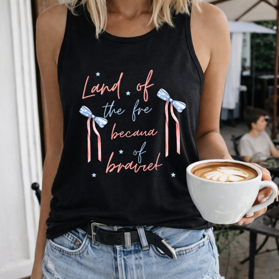 Land of the Free Because of the Brave Women's Color Cotton Tank Top in Black