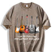 With Music Note & Guitar Lyric Vintage Washed T-Shirt in Brown