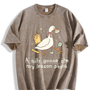 Silly Goose Ate My Lesson Plans Teacher Goose Teacher Back Vintage Washed T-Shirt in Brown