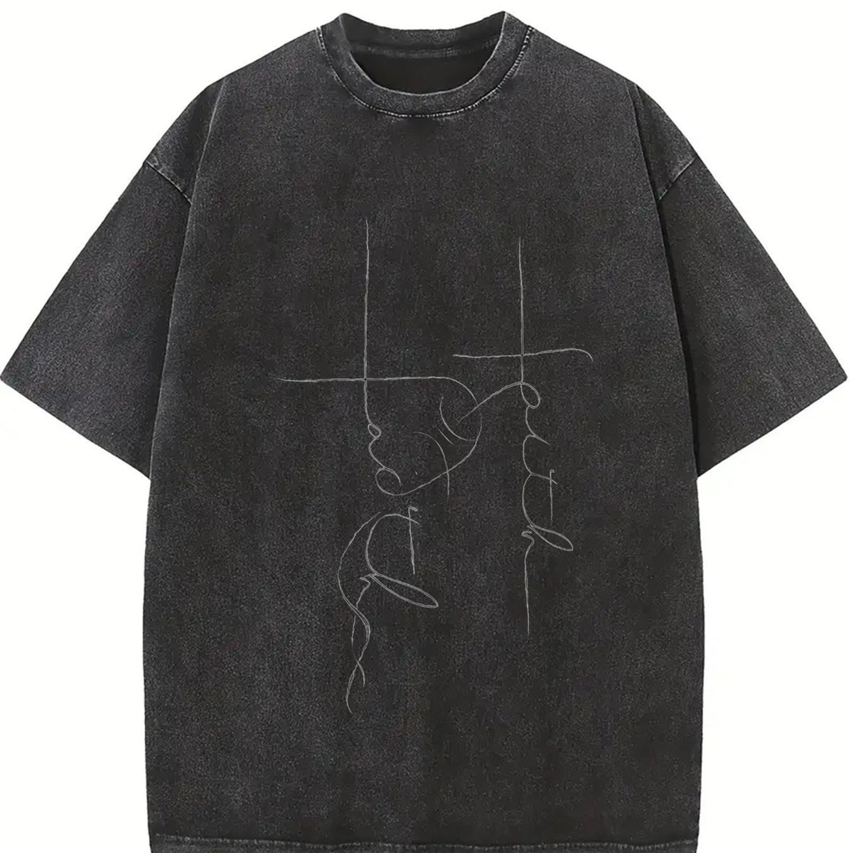 Minimal Line Art Vintage Washed T-Shirt in Black