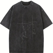 Minimal Line Art Vintage Washed T-Shirt in Black