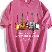 With Music Note & Guitar Lyric Vintage Washed T-Shirt in Red