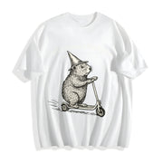 Off to Cause a Kerfuffle Groundhog Scooter Silly Animal Cotton T-Shirt in White