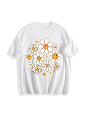 Retro Flowers Daisy Flower Cotton T-Shirt in White