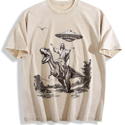 Retro Jesus Riding Dinosaur Under UFO Religious Vintage Washed T-Shirt in Beige