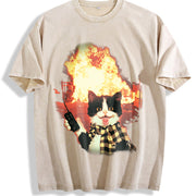 Explosion Cat Vintage Washed T-Shirt in Beige