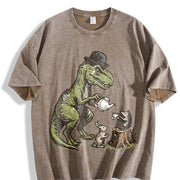T-rex Tea Party Dinosaur Vintage Washed T-Shirt in Brown