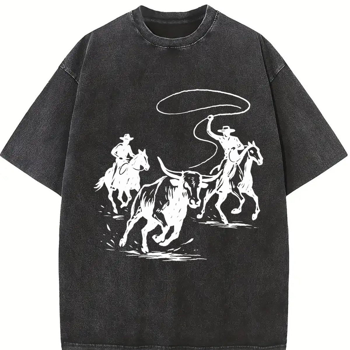 Cowboys Roping Bull Vintage Washed T-Shirt in Black