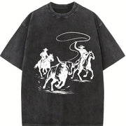 Cowboys Roping Bull Vintage Washed T-Shirt in Black