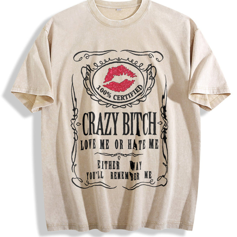 Crazy Bitch vintage washed oversized T-shirt in Beige