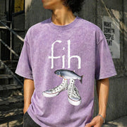 Fih Shoes Fish Misspelled Fish Meme Fih Calling Humor Vintage Washed T-Shirt in Purple
