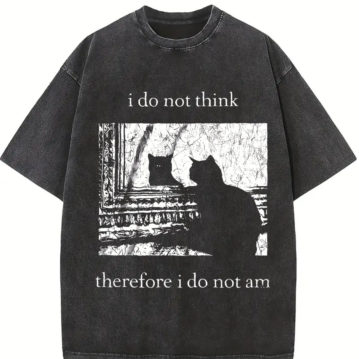 I Do Not Think Therefore I Do Not Am Cat Sleeveless Tank Vintage Washed T-Shirt in Black