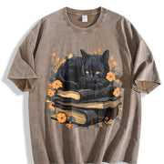 Cat on Book with Autumn Leaves All Seasons Vintage Washed T-Shirt in Brown