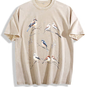 Winter Birds Retro 90s Tattoo Vintage Washed T-Shirt in Beige