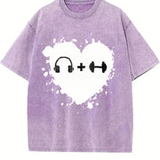 Headphones Dumbbell Heart Vintage Washed T-Shirt in Purple