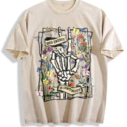 Good Energy Is Contagious Floral Skeleton vintage washed oversized T-shirt in Beige