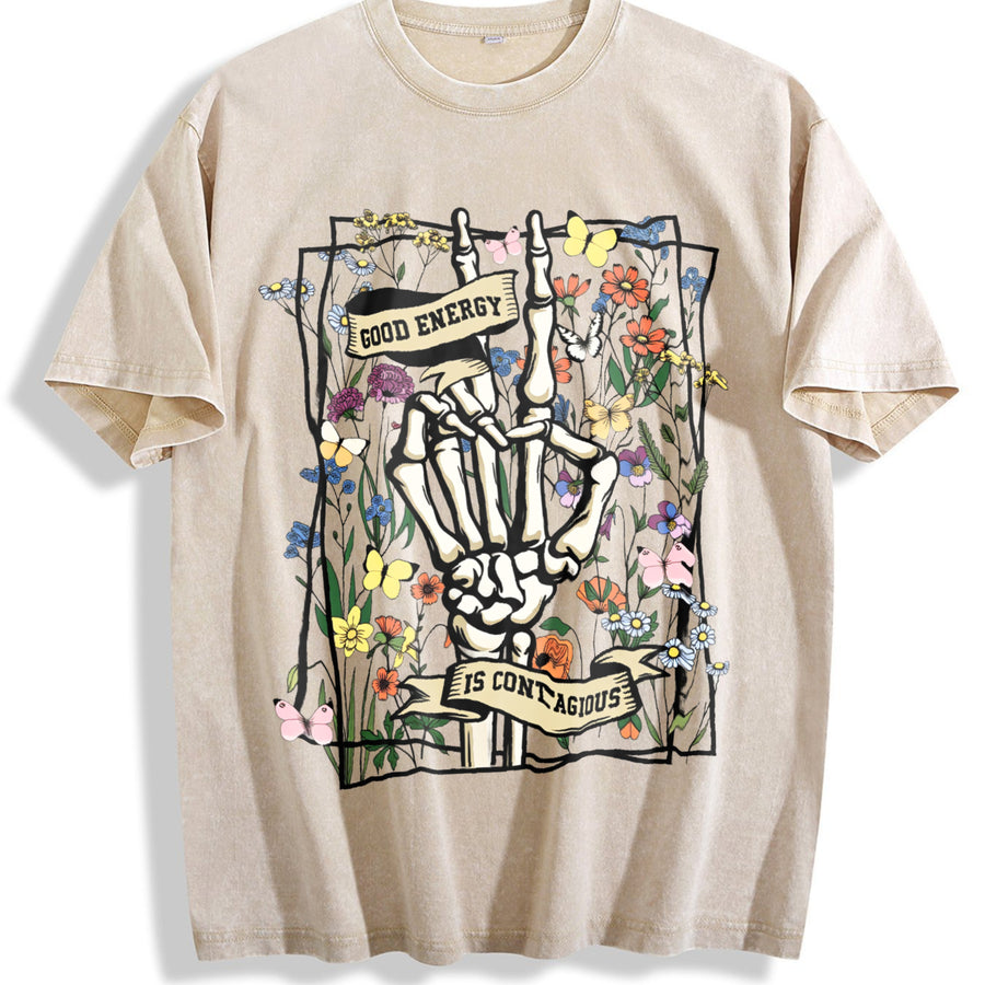 Good Energy Is Contagious Floral Skeleton vintage washed oversized T-shirt in Beige