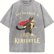 Off to Cause a Kerfuffle Superhero Cat Vintage Washed T-Shirt in Gray