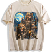 Roaring Grizzly Bears Moon Vintage Washed T-Shirt in Beige