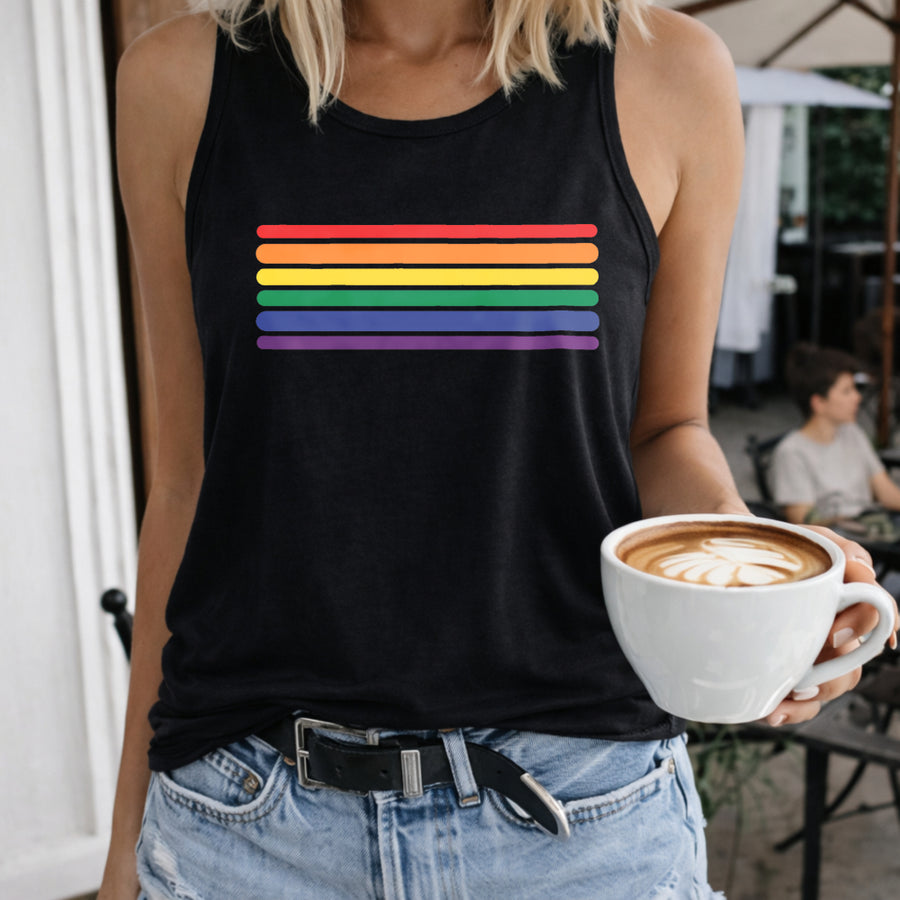 Rainbow Stripes Crew-neck Sleeveless Vest Outdoor Women's Color Cotton Tank Top in Black