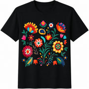 Colorful Folk Flowers Cotton T-Shirt in Black