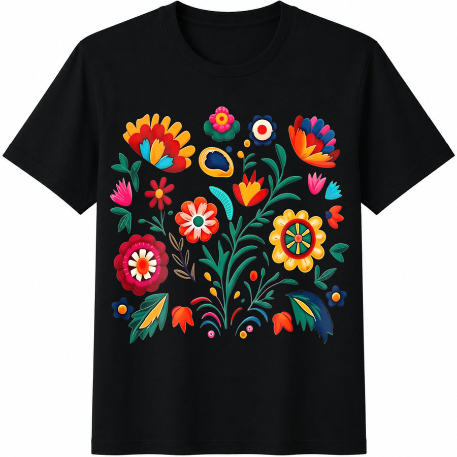 Colorful Folk Flowers Cotton T-Shirt in Black