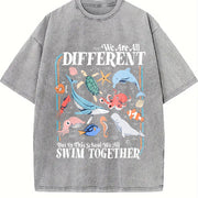We Are All Different Swim Together Inclusive Ocean Animals vintage washed oversized T-shirt in Gray