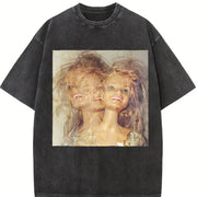 Two Glam Dolls Portrait Vintage Washed T-Shirt in Black