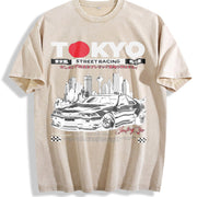 TOKYO Street Racing Car Sleeveless Tank Vintage Washed T-Shirt in Beige